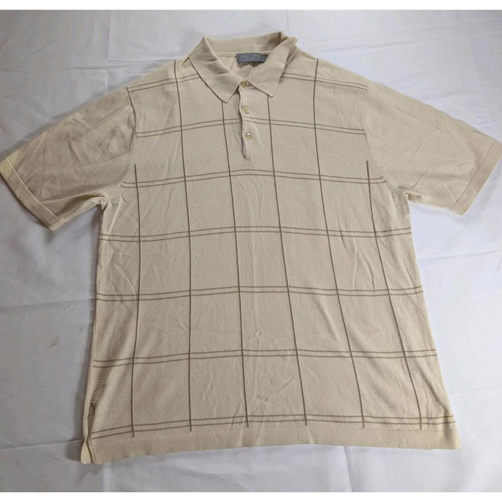 Talbots Men's L Beige Tan Windowpane Plaid Knit Polo Shirt 100% Cotton